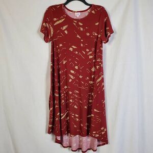 LuLaRoe XS Carly Swing Dress Red Yellow Abstract Print Short Sleeve High-Low Hem